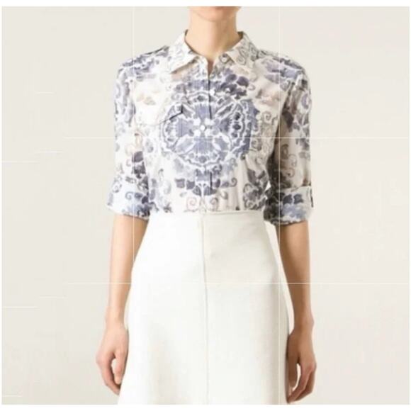 Tory Burch Tops - Tory Burch Brigitte Blue Floral Print Cotton Long-Sleeve Button-Up Blouse Sz 4